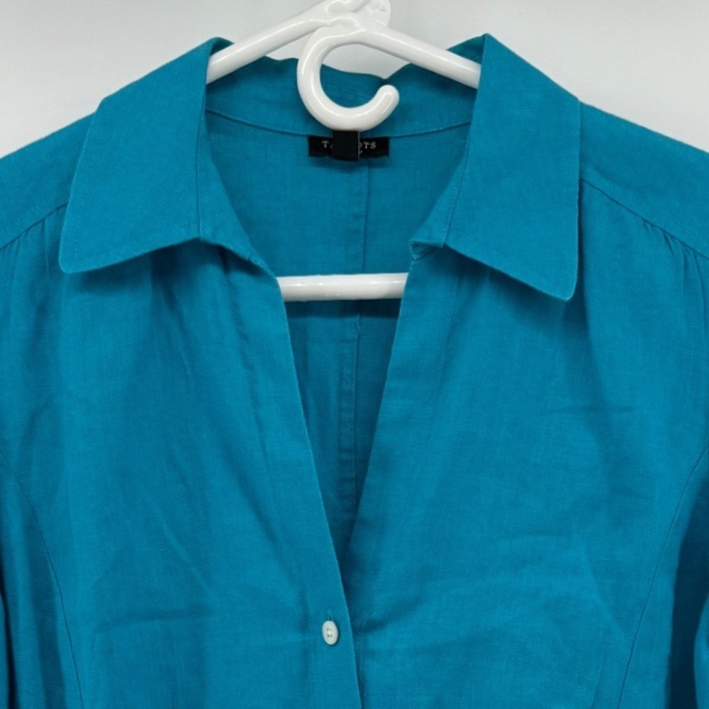 Talbots Womens Teal Blue Pure Irish Linen Empire Waist Button Down Shirt Size 6